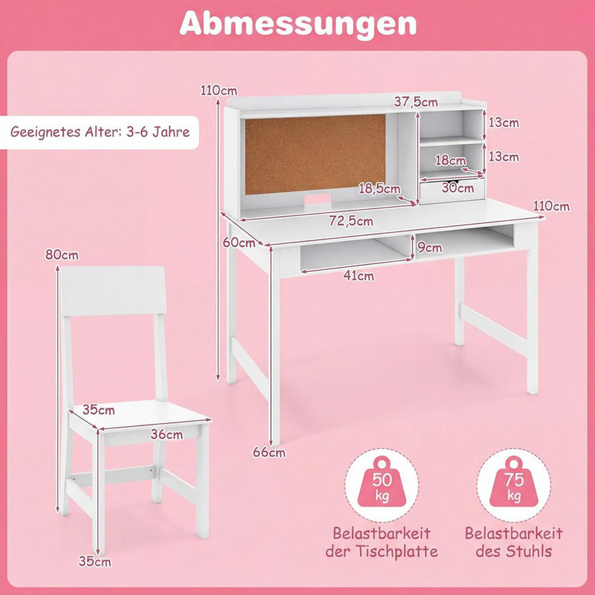 KINDERSCHREIBTISCH-SET aus Holz weiß(2-tlg) - Weiß, Holzwerkstoff (110/110/60cm) - COSTWAY