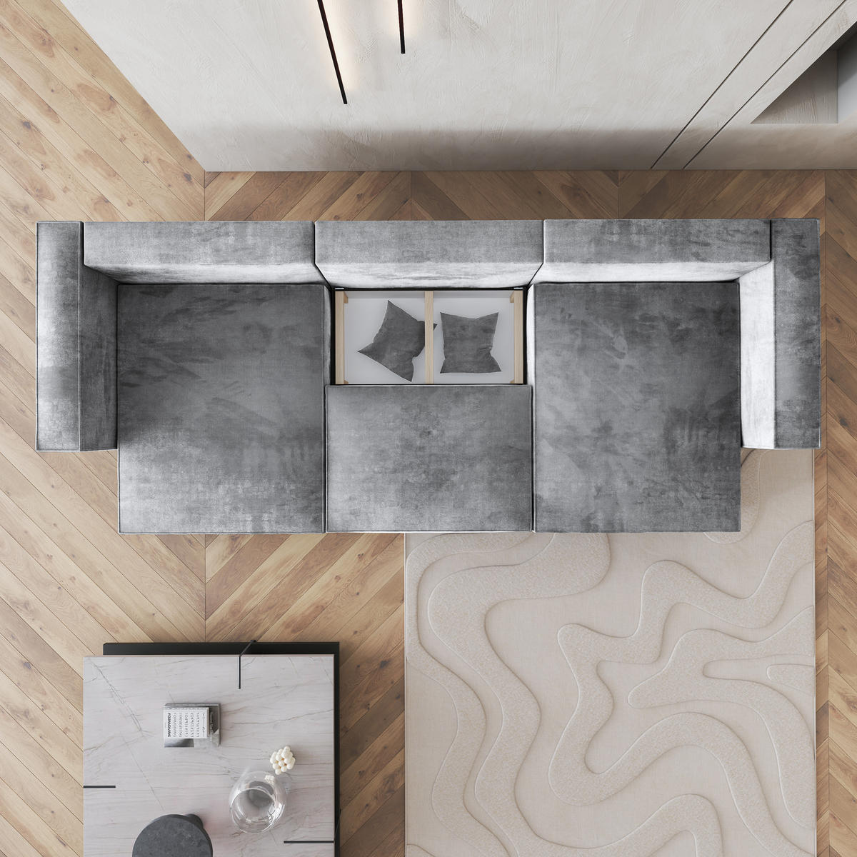 WOHNLANDSCHAFT SARMO M Braun Velours-Stoff mit Schlaffunktion - Braun, Holz (347/70/148cm) - MASSENO
