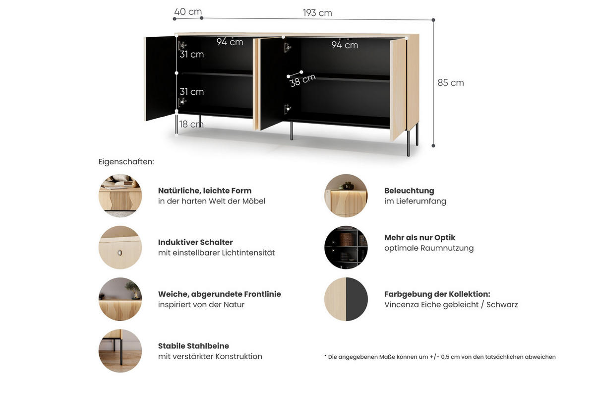 KOMMODE FAVOS 04 167/85/40 cm in Eiche Vincenza hell und Schwarz mit LED - Eichefarben/Schwarz, Holzwerkstoff (193/85/40cm) - Deine Möbel 24