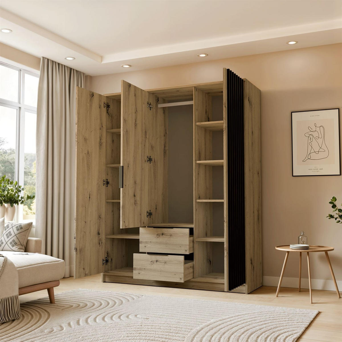 KLEIDERSCHRANK NELA, dreitürig mit Lamellen, 155 cm, Artisan/Schwarz - Eiche Artisan, Holzwerkstoff (155/200/51cm) - Lookway