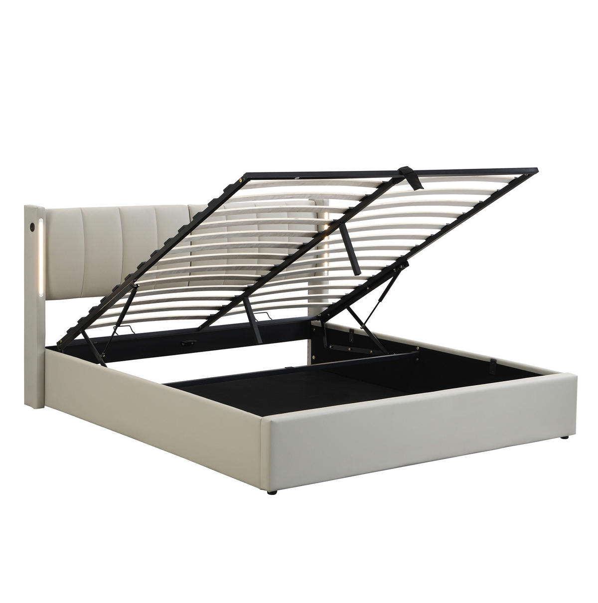 POLSTERBETT 160/200 cm mit LED-Beleuchtung, USB-Anschluss, verstellbarem Kopfteil und Bettkasten, Grau - Grau, Kunststoff (160/200cm) - Redom