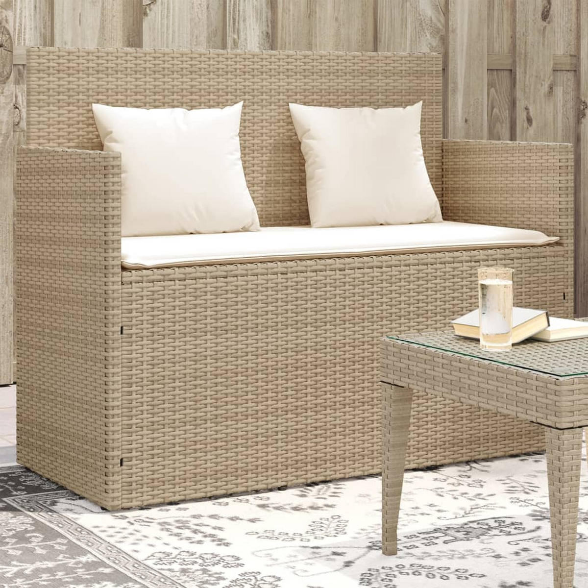 GARTENBANK mit Kissen Beige Poly Rattan - Beige, Kunststoff (120/90.5/50cm) - furnicato