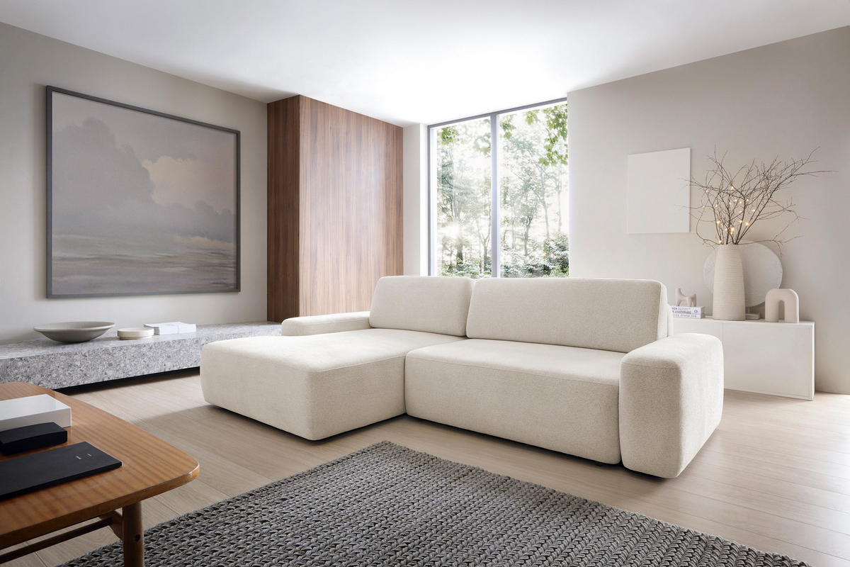 ECKSOFA BOULI 4-Sitzer Polstersofa Raven mit Schlaffunktion 130x210cm Bettzeugablage 264x162x82cm linksseitig Farbe: sand - Sandfarben, Holz/Textil (162/264cm) - DomoHome
