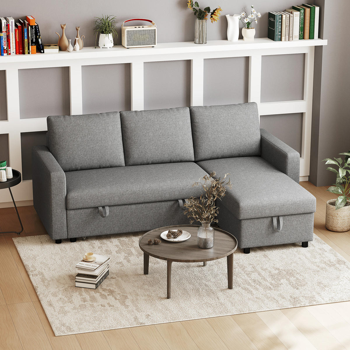 ECKSOFA mit Schlaffunktion Stauraum Eckcouch mit Chaiselongue Schlafsofa L-Form - Hellgrau/Schwarz, Kunststoff/Textil (146/211.5cm) - HOMCOM