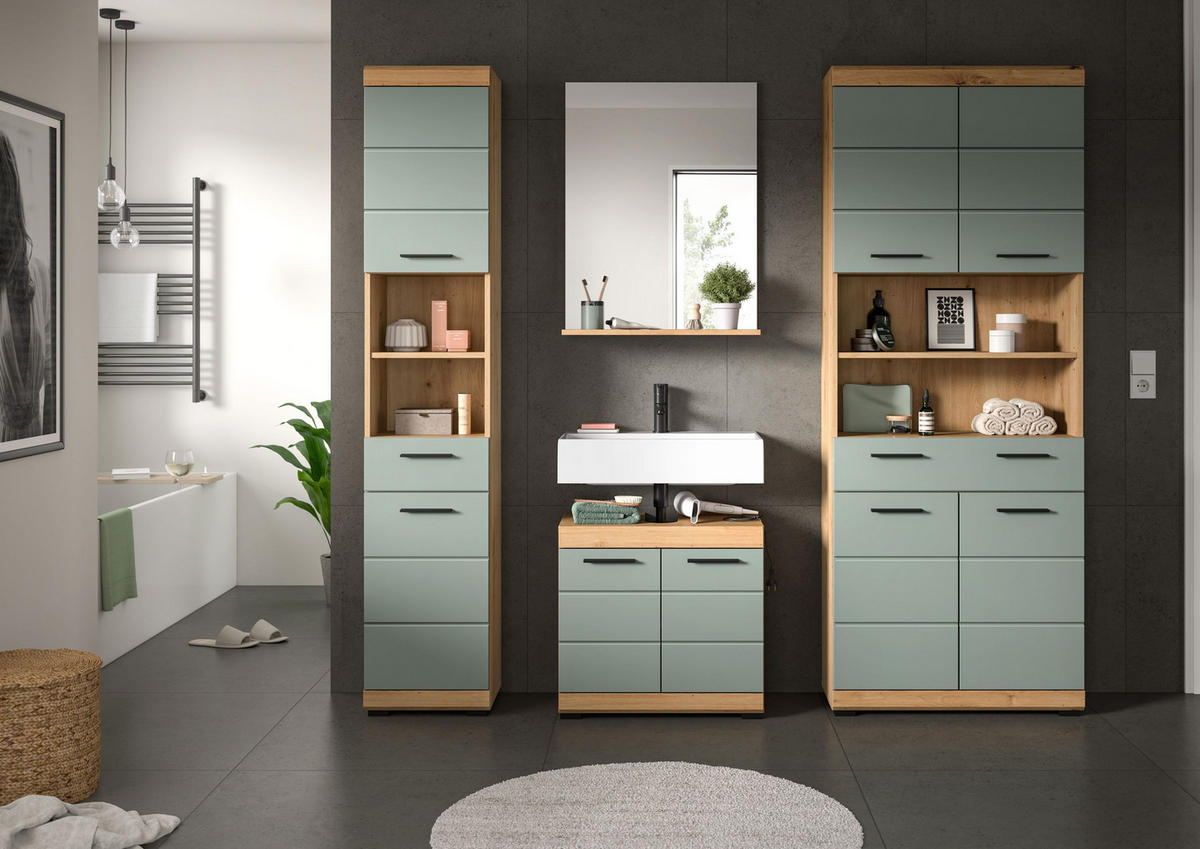 BADKOMBINATION 4tlg. Scout Bad in Artisan Eiche Nachbildung und Salbei Nachbildung B/H/T: 186x191x34 cm - Eiche Artisan, Holz (186/191/34cm)