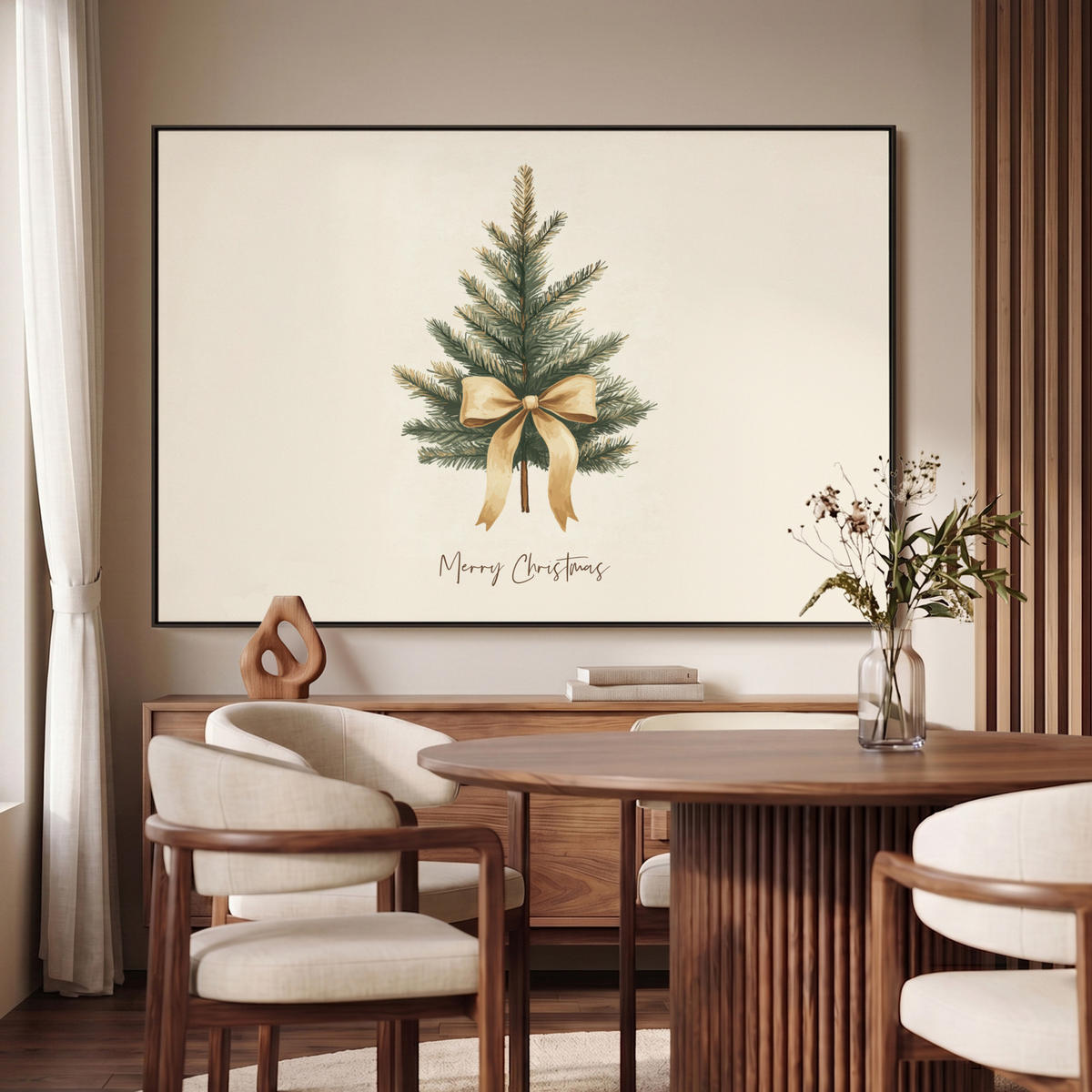 LEINWAND Bilder mit Rahmen - Weihnachtsbaum - Weihnachten - Frohe Weihnachten - Beige - 120x80 - Sandfarben, Textil (120/80cm) - MuchoWow