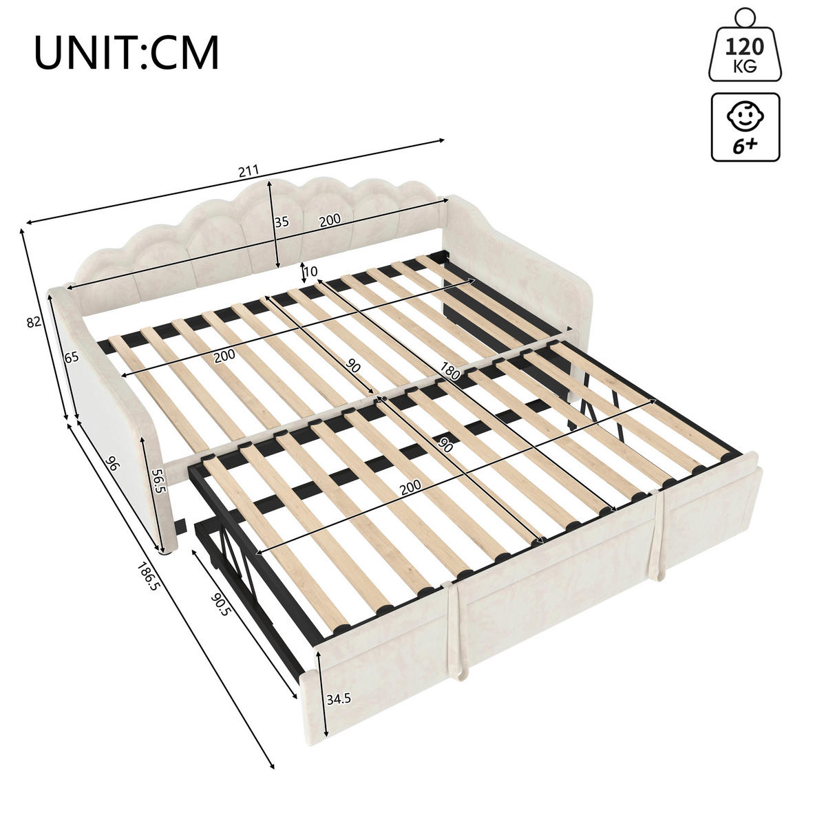 BETT 90/200 cm ausziehbar auf 180/200 cm mit Kopfteil und LED in Beige - Beige, Textil (90/200cm) - BEAOK