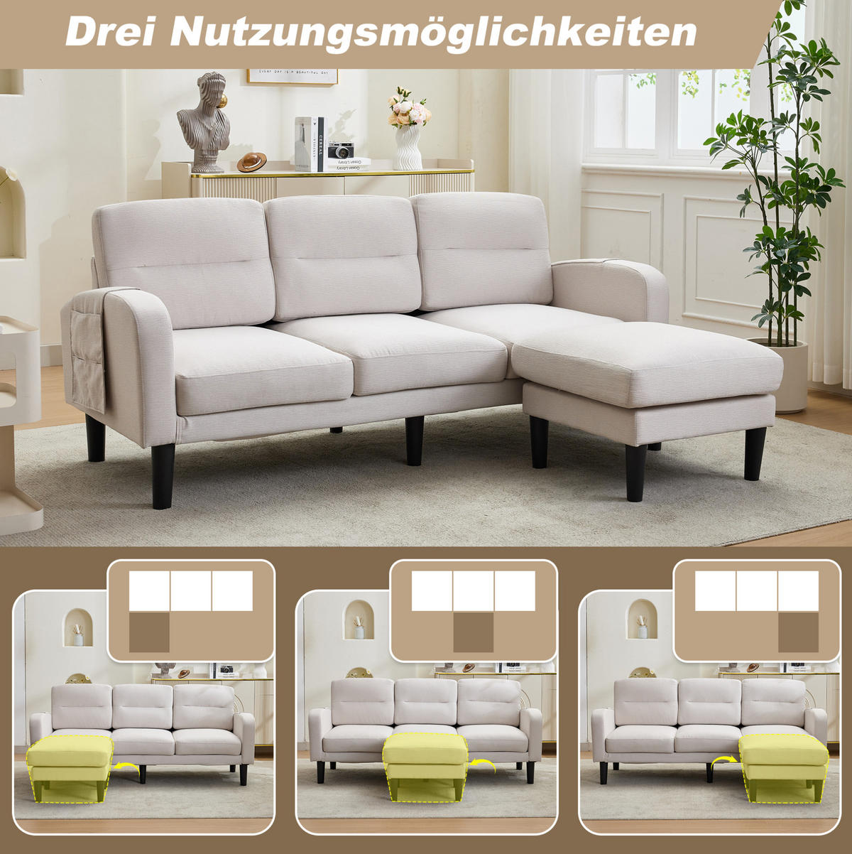 ECKSOFA 204/136/80 cm aus Stoff mit Chaiselongue und Seitentaschen Beige - Beige, Textil (136/204cm) - Modenvie