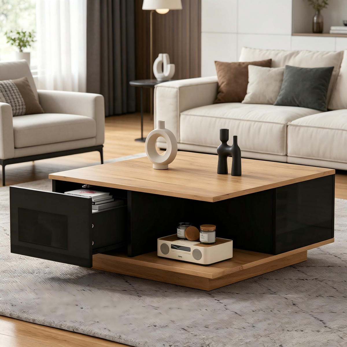 COUCHTISCH 70x70x31.5cm Schwarz Holzfarbe mit 3 Schubl. - Walnussfarben/Schwarz, Holzwerkstoff (70/70/31.5cm) - FLIEKS