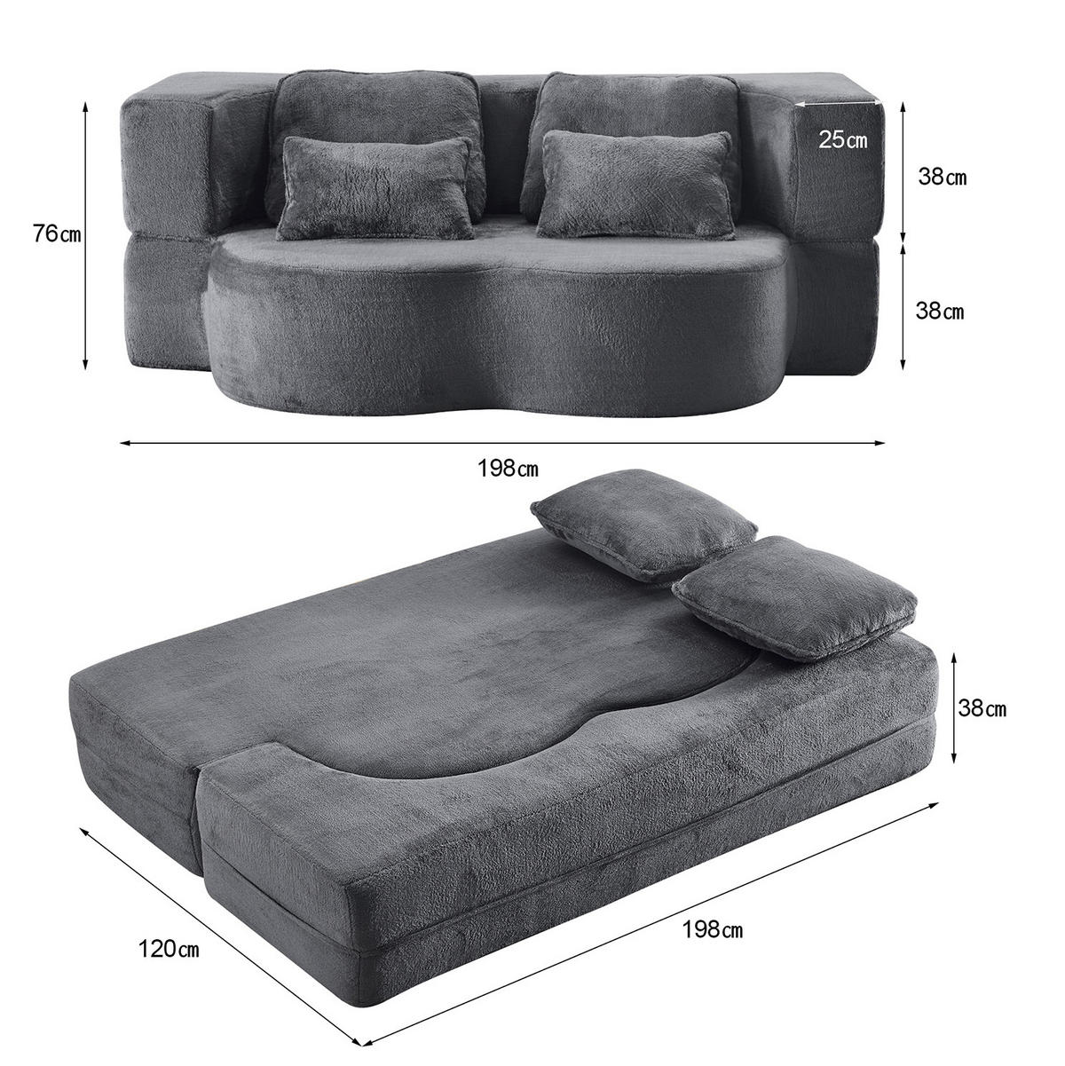 BODENSCHLAFSOFA faltbar Blau Grey mit 4 Kissen - Blau, Kunststoff (60/76/198cm) - Meubliv