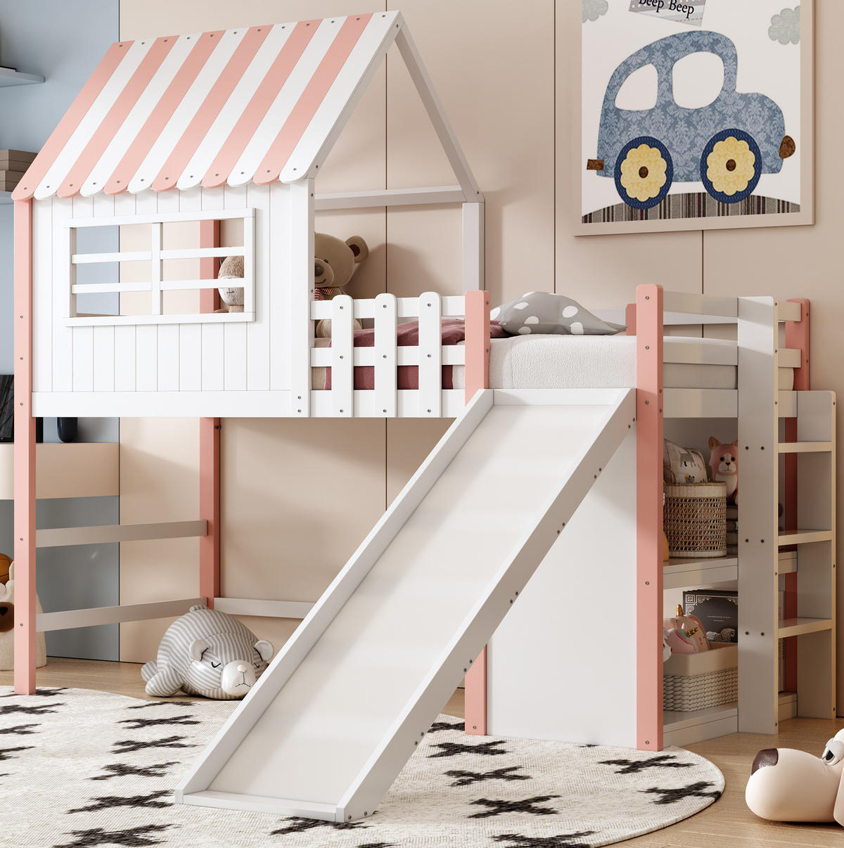 KINDERBETT MDF 90x200 cm Rosa mit Rutsche, Leiter und Stauraum im Dachhaus-Design - Rosa, Holzwerkstoff (140/200cm) - Modfu