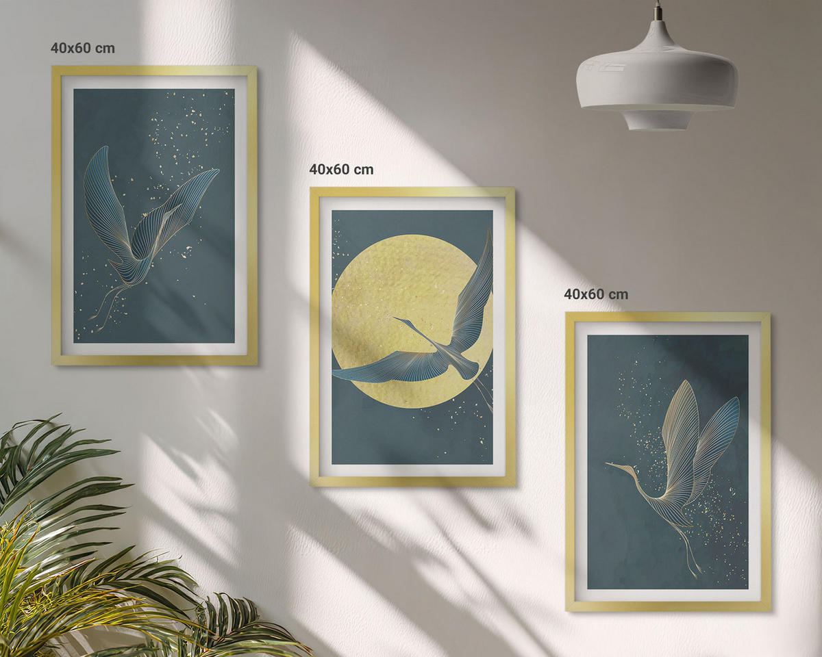 WANDBILDER 3er Set - 40x60 cm Goldrahmen - Kraniche im Flug bei Nacht - Goldfarben, Kunststoff (40/60cm) - ArtPrintCave