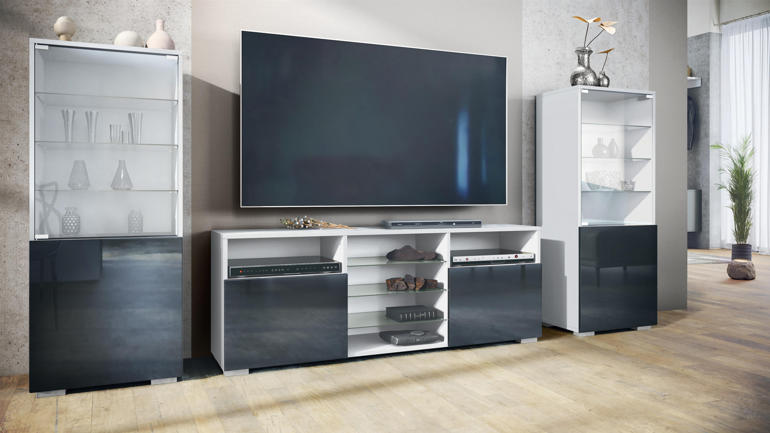 Thumbnail - Vladon Wohnwand, Schwarz Hochglanz, Holzwerkstoff, 286x122.5x35 cm, Wohnzimmer, Wohnwände, Wohnwand-Sets