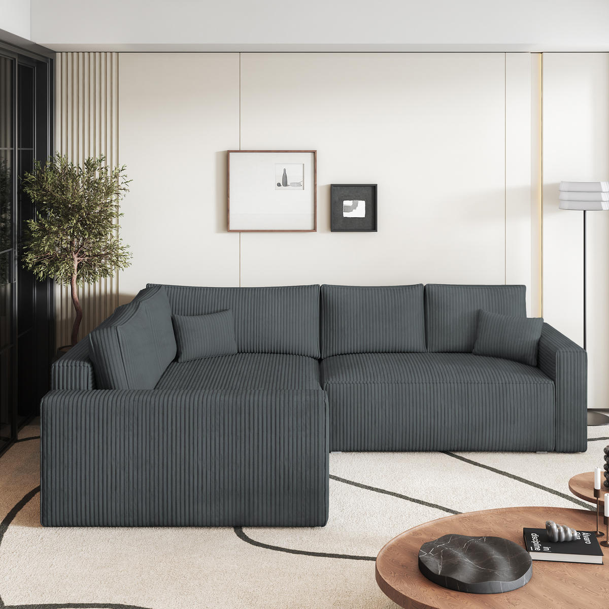 ECKSOFA ERONIS L-S Grau Kordstoff mit Schlaffunktion - Grau, Holz (265/194cm) - MASSENO