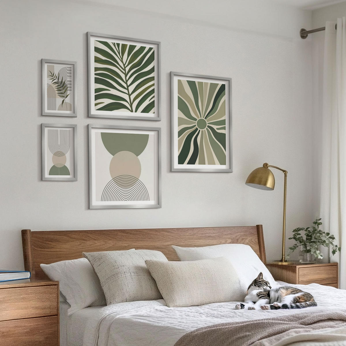 WANDBILDER 5er Set - 50x50 cm & 20x30 cm & 40x60 cm Silberner Rahmen - Abstrakte Blätter im Boho-Stil - Silberfarben, Kunststoff (40/60cm) - ArtPrintCave