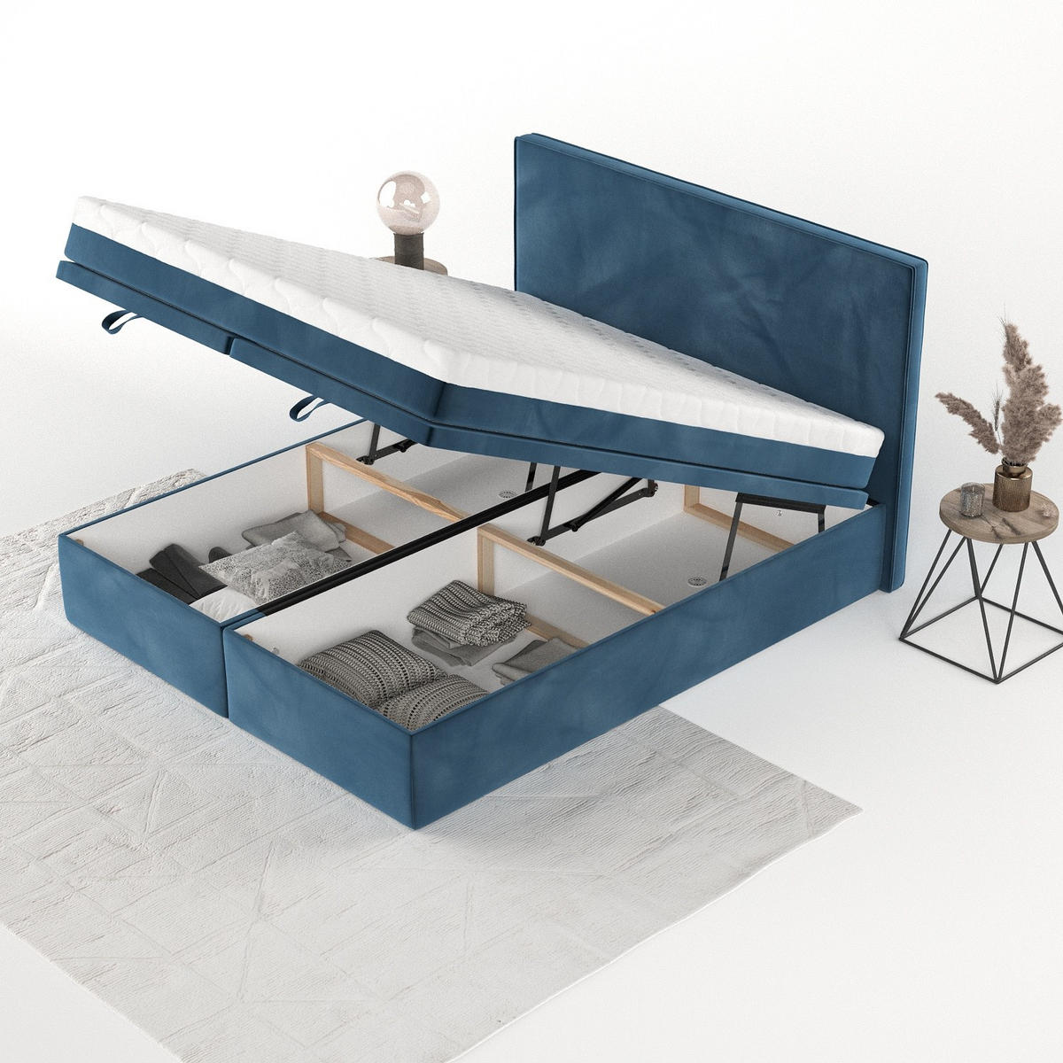 BOXBETT Zalla 140/200 cm Dunkelblau im Kronos Stoff - Schwarz/Dunkelblau, Holz/Holzwerkstoff (140/200cm) - AltaBeds