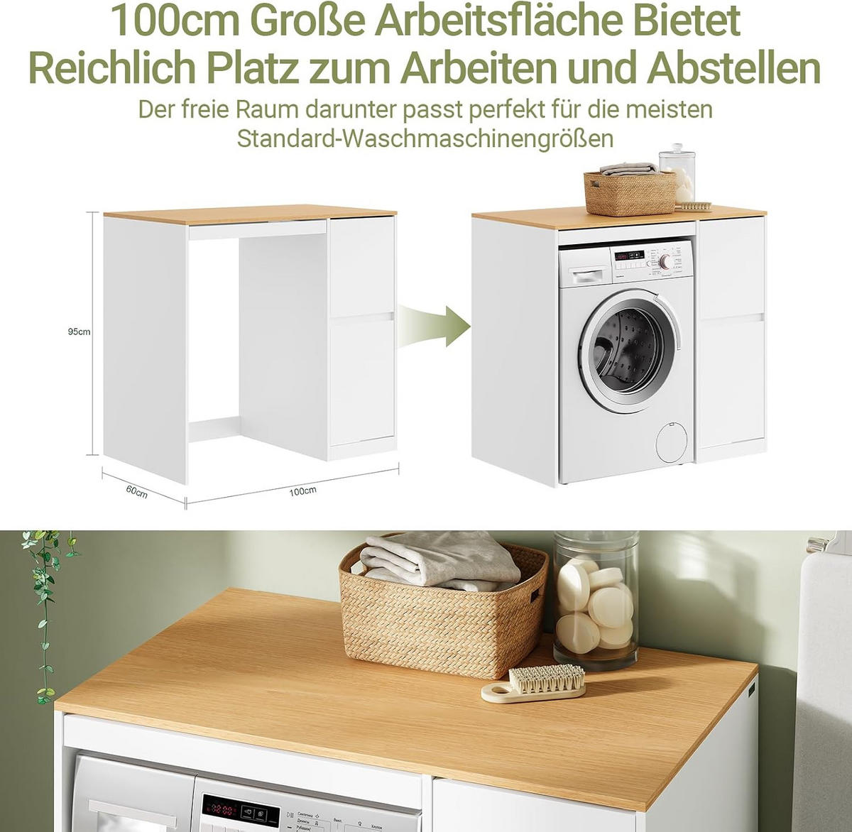 WASCHMASCHINENSCHRANK mit Wäschekorb Weiß 100x60x95 cm - Weiß, Holzwerkstoff (100/95/60cm) - SoBuy
