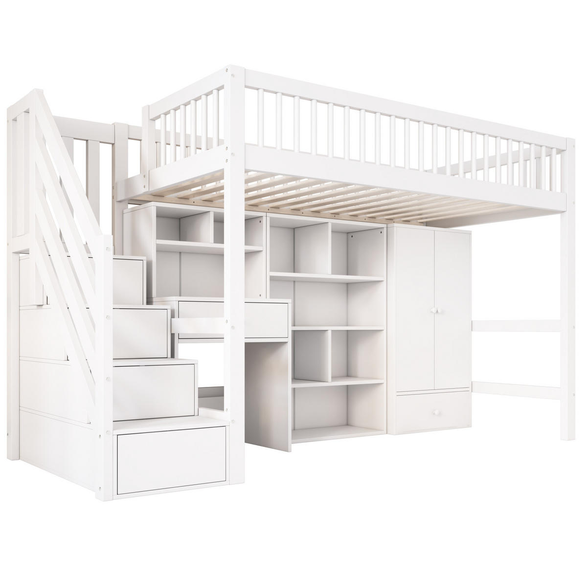 HOCHBETT 90/200 cm in Weiß mit Schreibtisch, Treppe und Kleiderschrank - Weiß, Holzwerkstoff (90/200cm) - Flora Grace