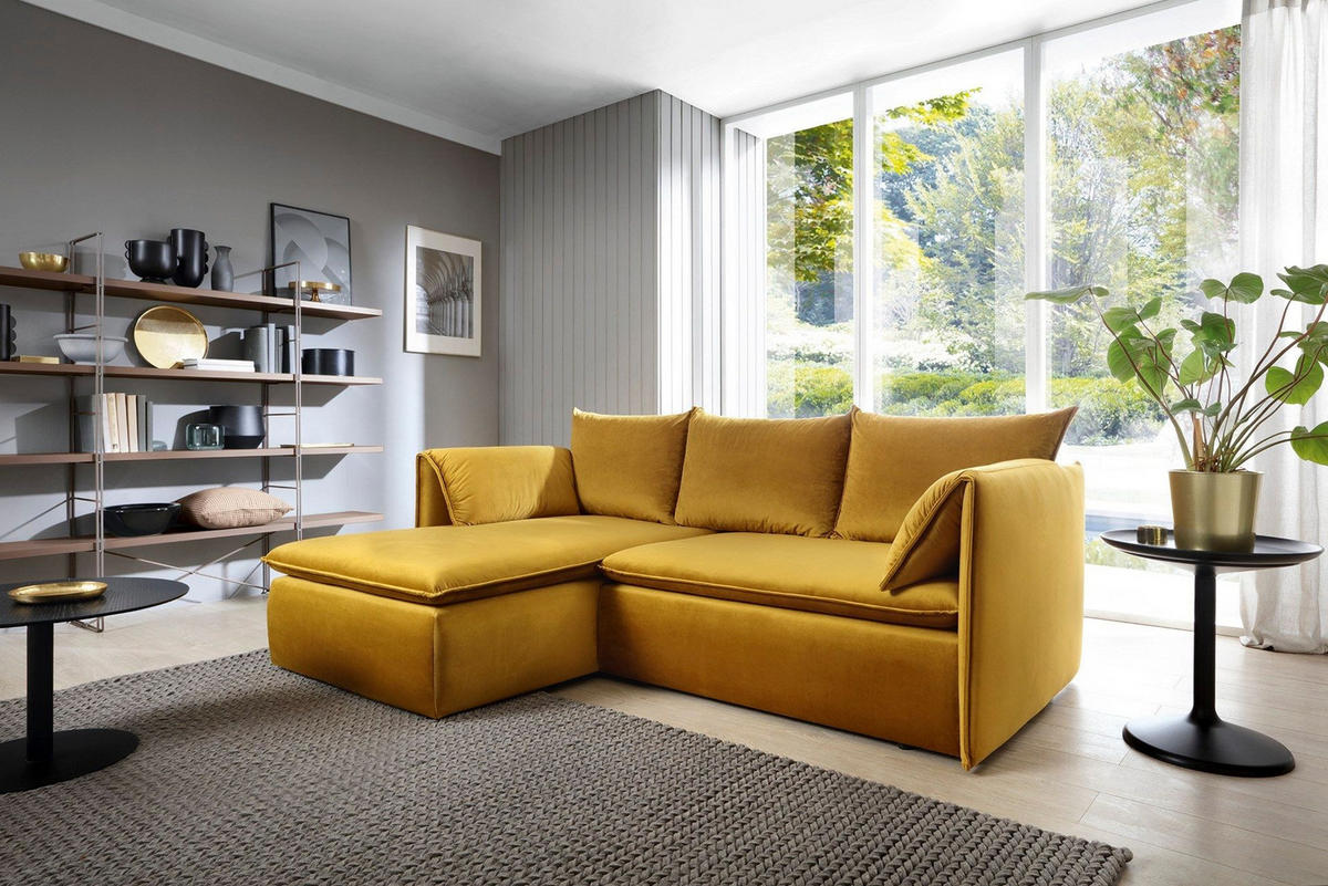 ECKSOFA PREGIO Gelb Plüsch-Stoff mit Schlaffunktion - Gelb, Holz (230/166cm) - MASSENO