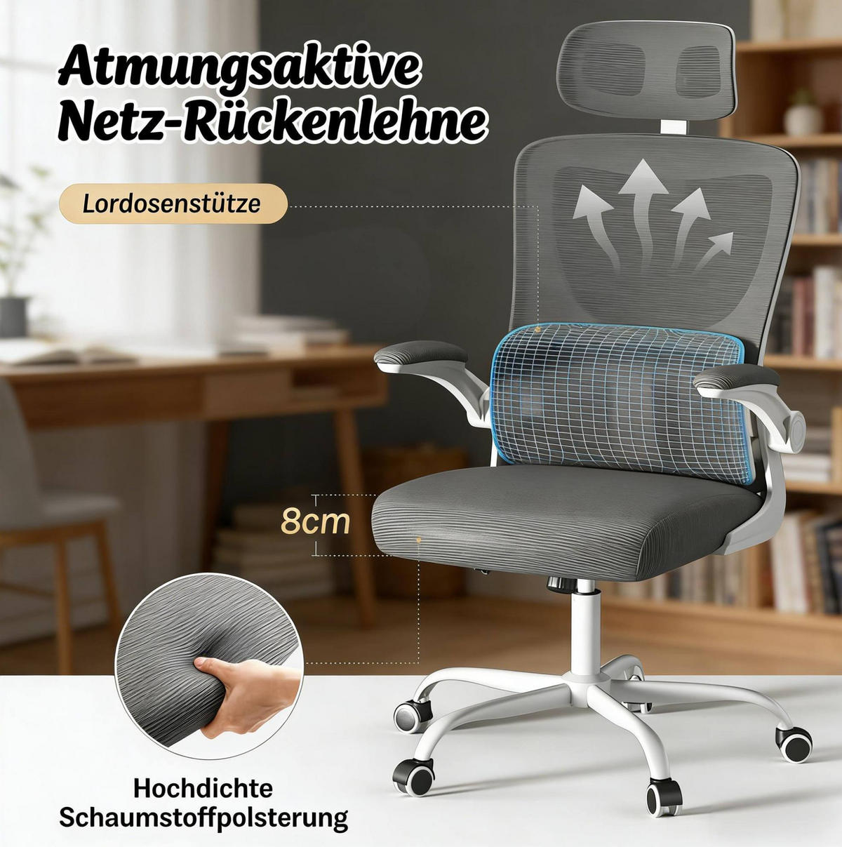 DREHSTUHL 69,5/62/116-123,5 cm grau aus Mesh, Metall und PU mit Armlehnen - Grau, Kunststoff (67.5/123.5/62cm) - OKWISH