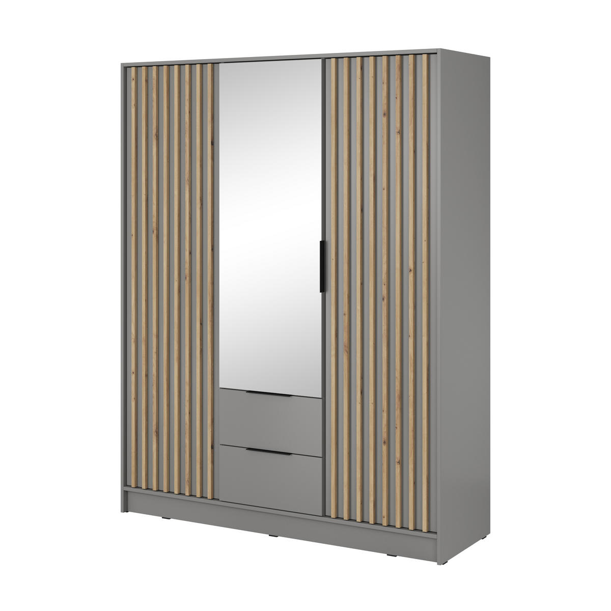 DREHTÜRENSCHRANK NELIANA 155/200/51 cm 3-türig mit Spiegel Grau - Grau, Holzwerkstoff (155/200/51cm) - MASSENO