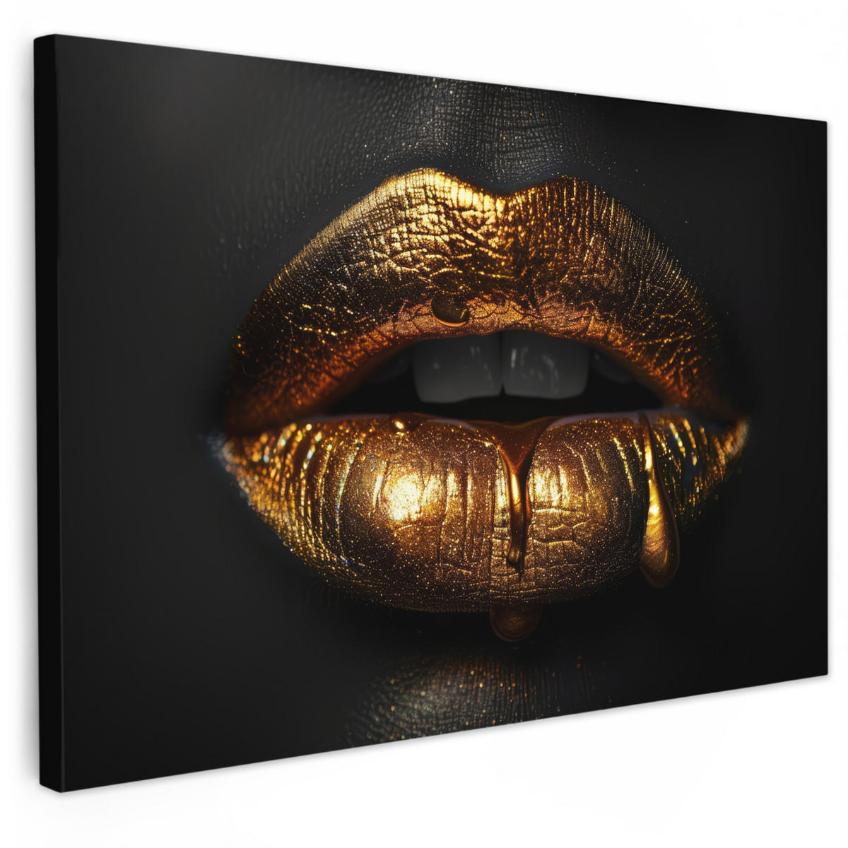 LEINWANDBILD Frau - Porträt - Lippen - Gold - Schwarz XXL 150x100 cm - Schwarz, Textil (150/100cm) - MuchoWow