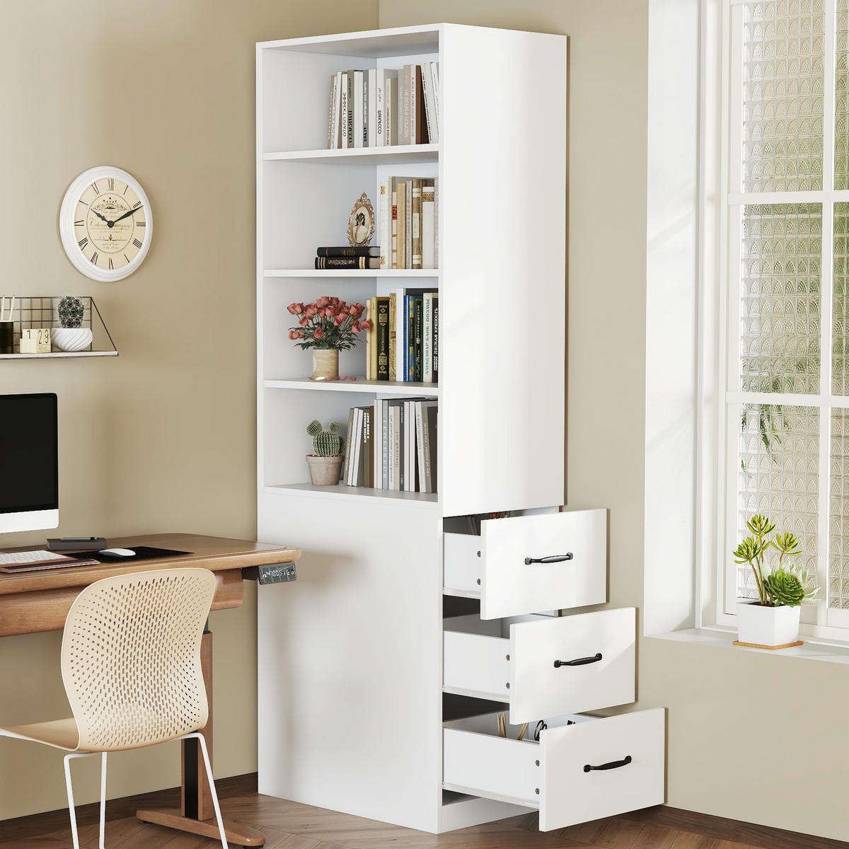 BÜCHERREGAL 180cm schmal Schubladen verstellbar modern - Weiß, Holzwerkstoff (60/180/38cm) - FLIEKS