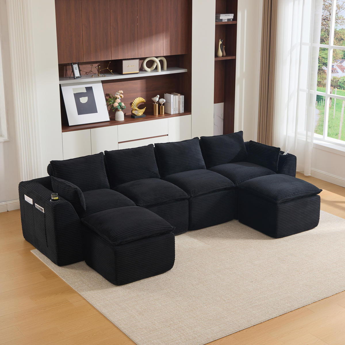 SOFA modular 4-Sitzer mit 2 Fußhockern 322 x 161 cm Cord Black - Schwarz, Kunststoff (161/75/256cm) - Meubliv
