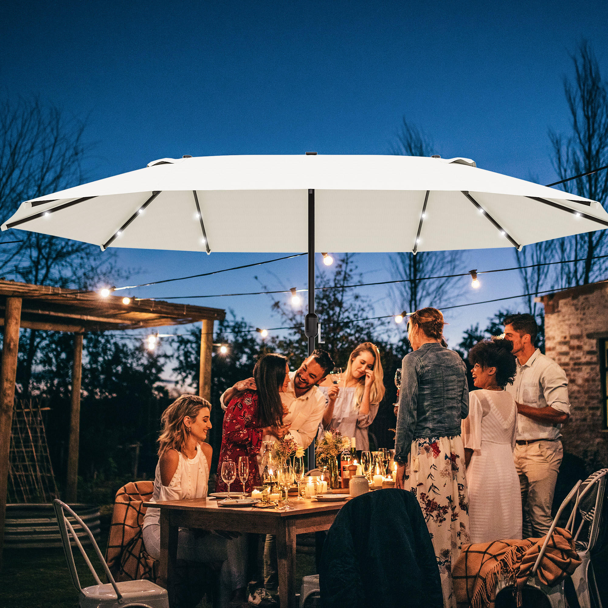 SONNENSCHIRM mit LED, Doppelsonnenschirm, Gartenschirm, Marktschirm, Oval, Metall, Cremeweiß - Weiß, Metall (440/260cm) - Outsunny