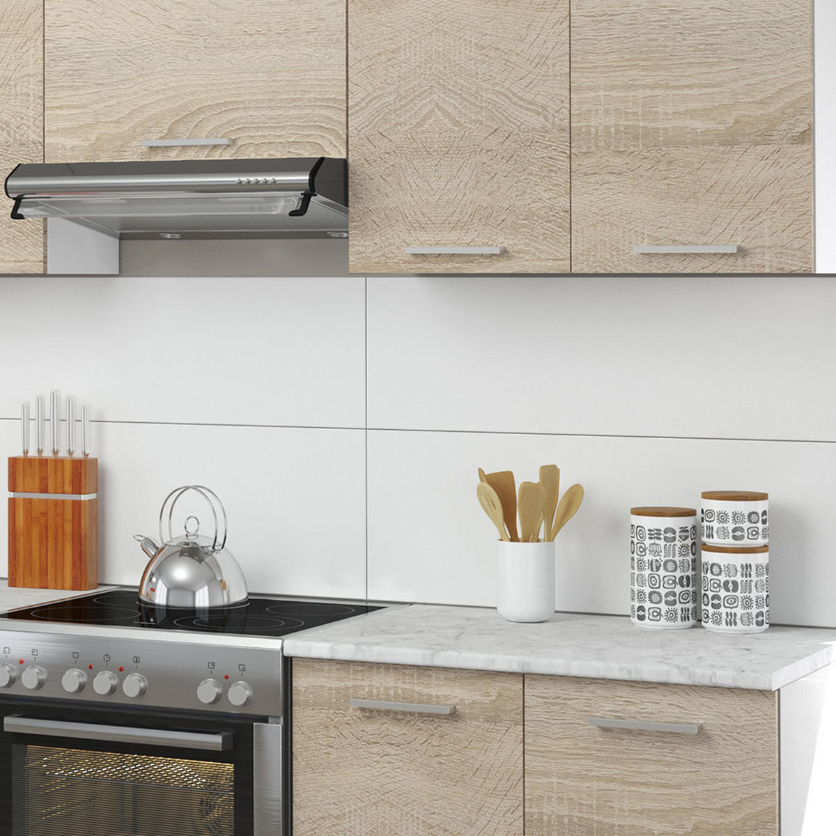 KÜCHENZEILE Raul Sonoma 270 cm, AP Marmor - Weiß/Sonoma Eiche, Holzwerkstoff (270/81.6/60cm) - Vicco