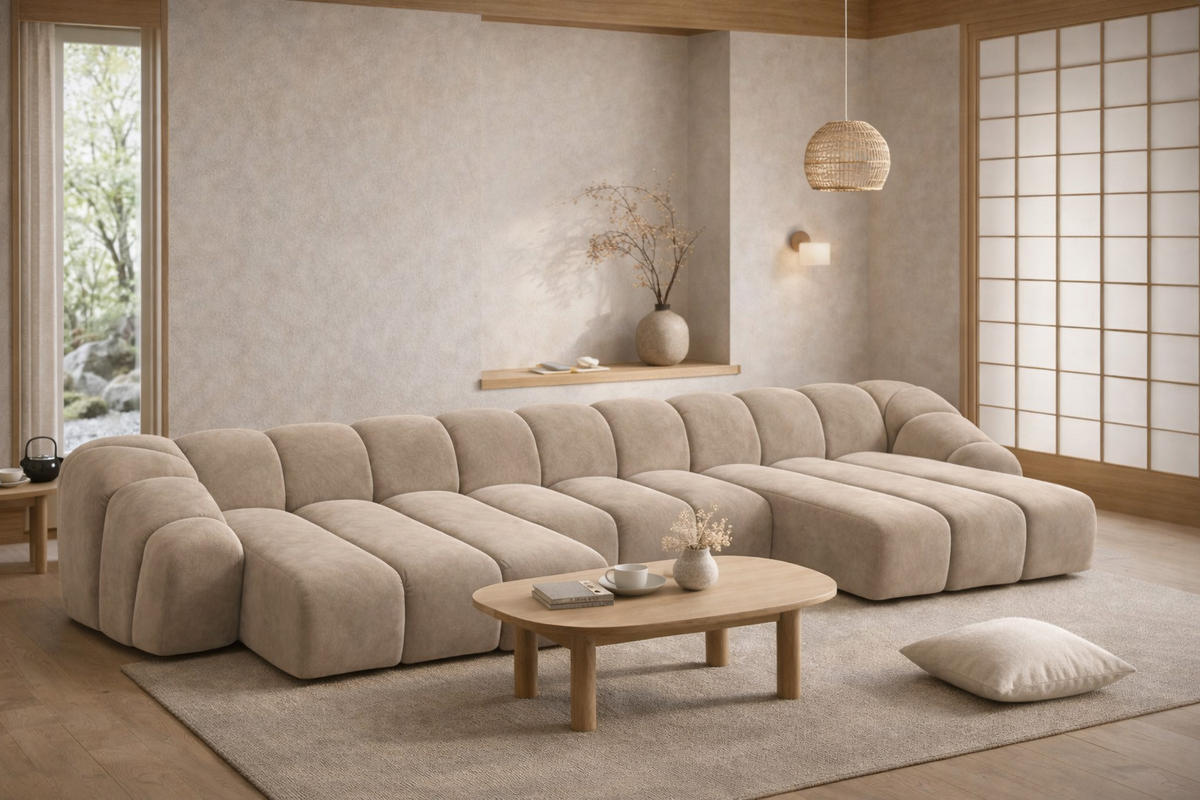 ECKSOFA Modulare U-Form, Veloursstoff Bluvel, Latte, CROISSANT U - Hellbraun, Holz (413/72/190cm) - Kaiser Möbel