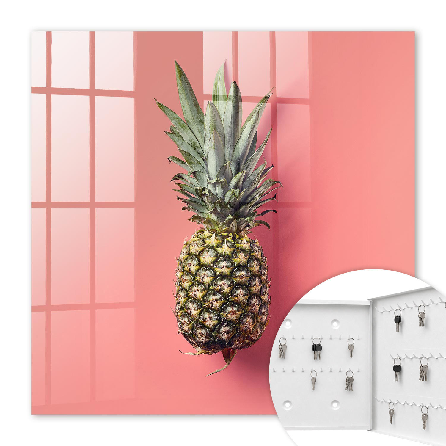 SCHLÜSSELBOX Weiß 30x30 cm – Türöffnung nach rechts - Exotische Ananas - Pink, Metall (30/30/5cm) - TULUP