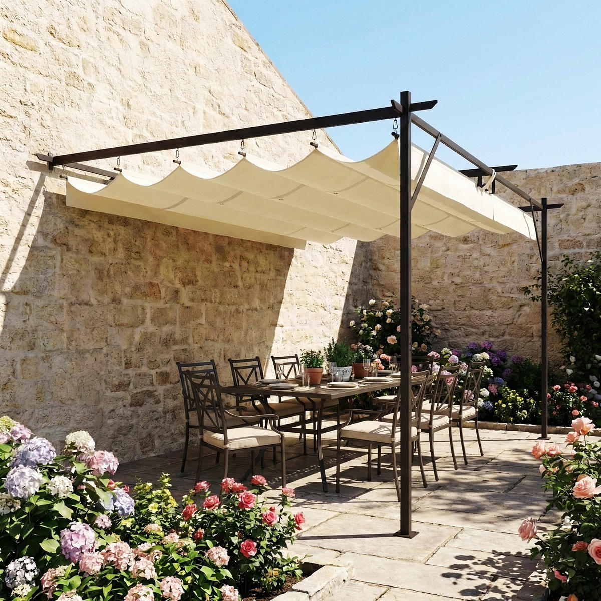 TERRASSENDACH Pergola ca. 4x3m Terrassenüberdachung mit Verstellbares Dach, Wandmontage UV 30+ Cremeweiß - Creme, Metall (396/225/297cm)
