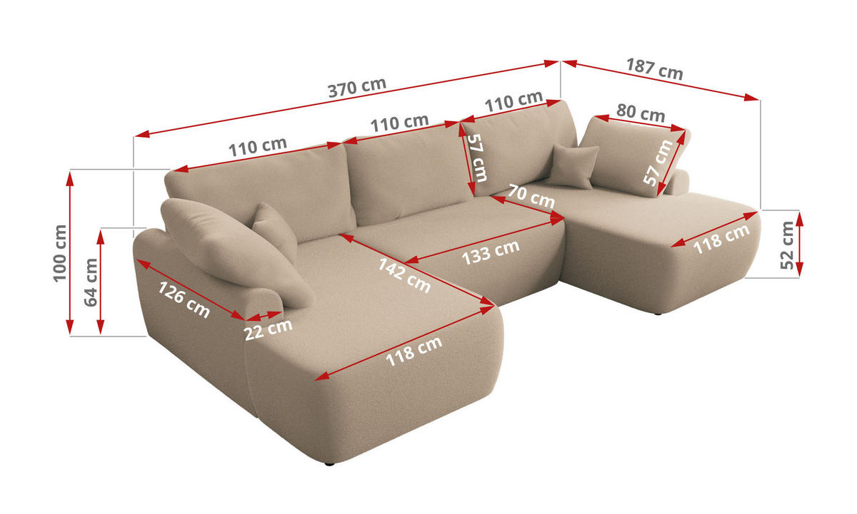 WOHNLANDSCHAFT CUBO U Hellbraun Boucle - Schwarz/Braun, Kunststoff/Textil (370/100/187cm) - MKS