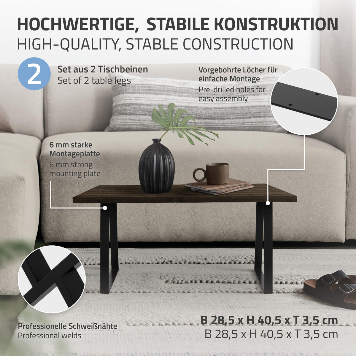 TISCHBEINE 2er Set 28,5xH40 cm X-Form, Schwarz - Schwarz, Metall (28.5/3.5/40.5cm) - ML-DESIGN