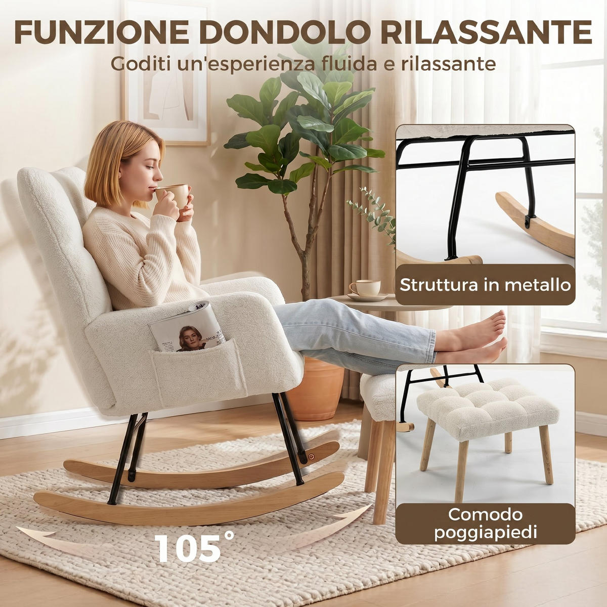 SCHAUKELSTUHL Sherpa Fußstütze Seitentaschen Creme - Creme, Textil (97/100/72cm) - Vallsero