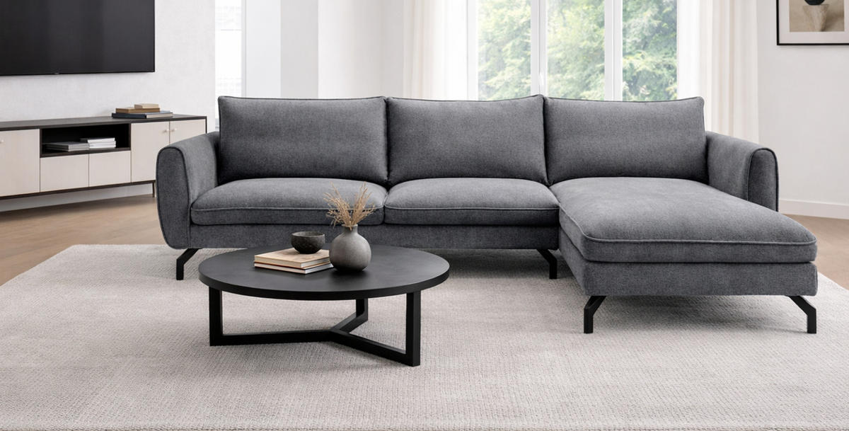 SOFA grau Webstoff 259 x 167 cm, Ecksofa 5-Sitzer, L-Sofa Ottomane rechts - Schwarz/Grau, Holz/Textil (259/167cm) - Inn.Furn