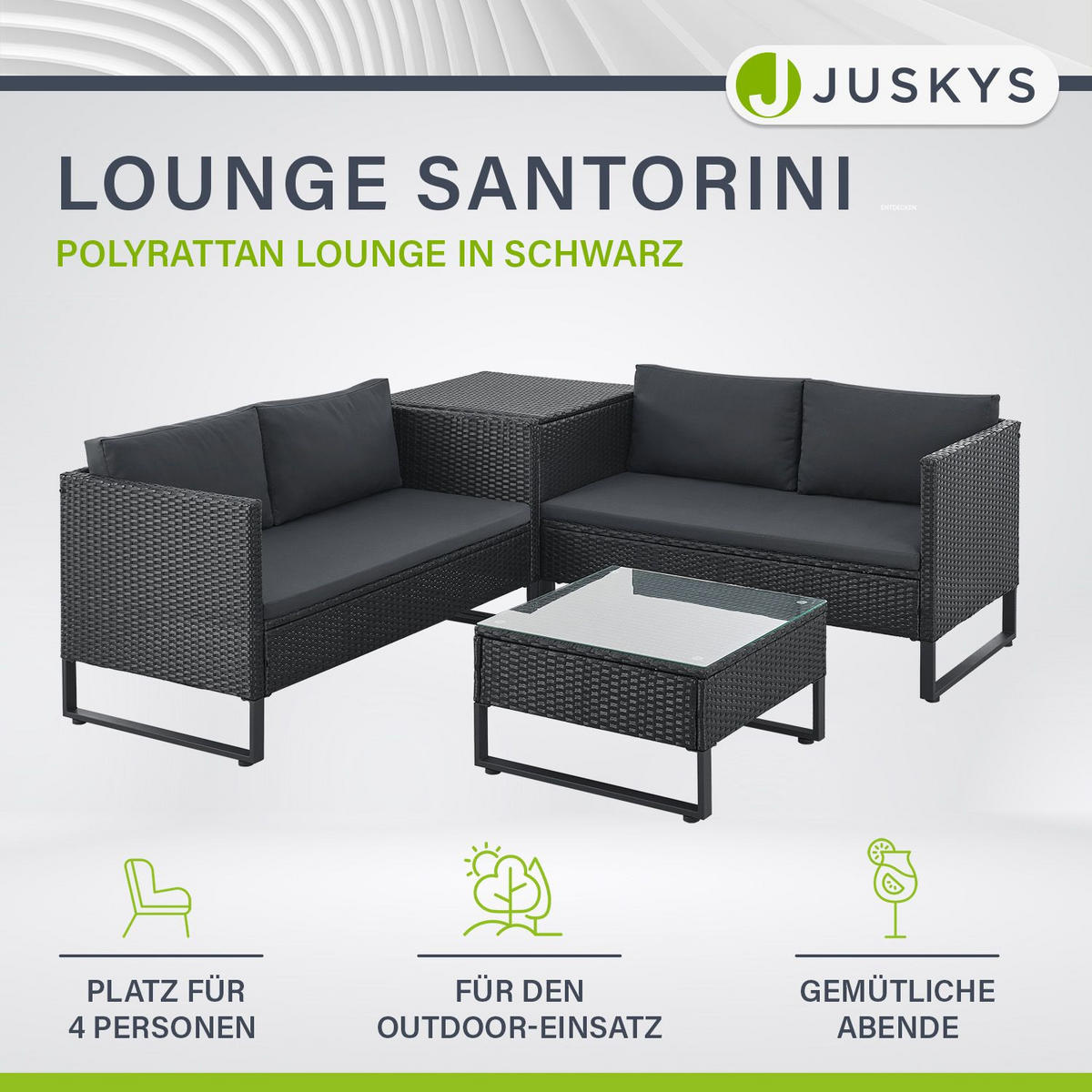 LOUNGEGARNITUR Santorini schwarz / grau - Schwarz, Kunststoff - Juskys