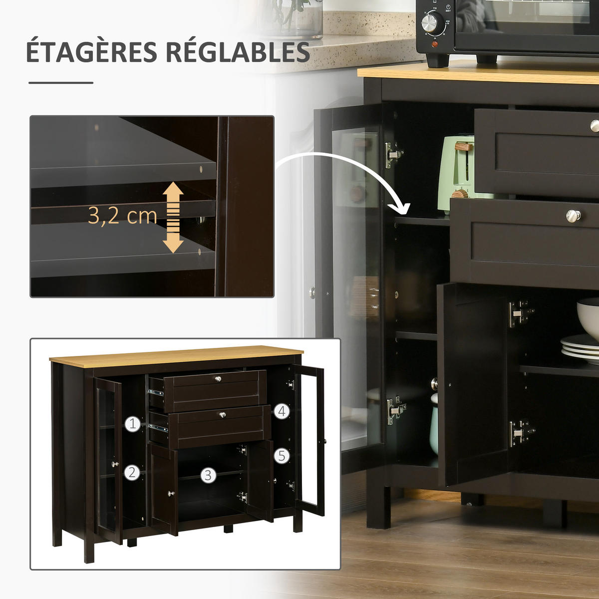 SIDEBOARD DE-11209 3 Schränke (2 mit Glas) Schwarz - Schwarz, Holzwerkstoff (120/90/40cm) - ComfortXL