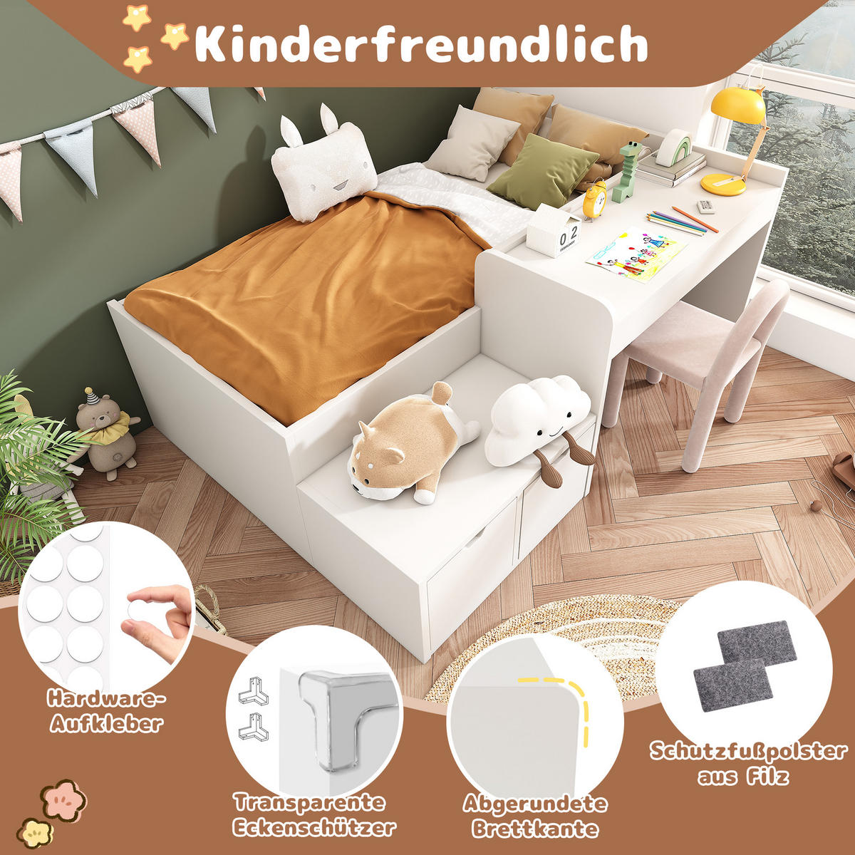 KINDERBETT 90/200 cm in Weiß mit Schreibtisch und 2 Schubladen - Weiß, Holz/Holzwerkstoff (90/200cm) - WISHDOR