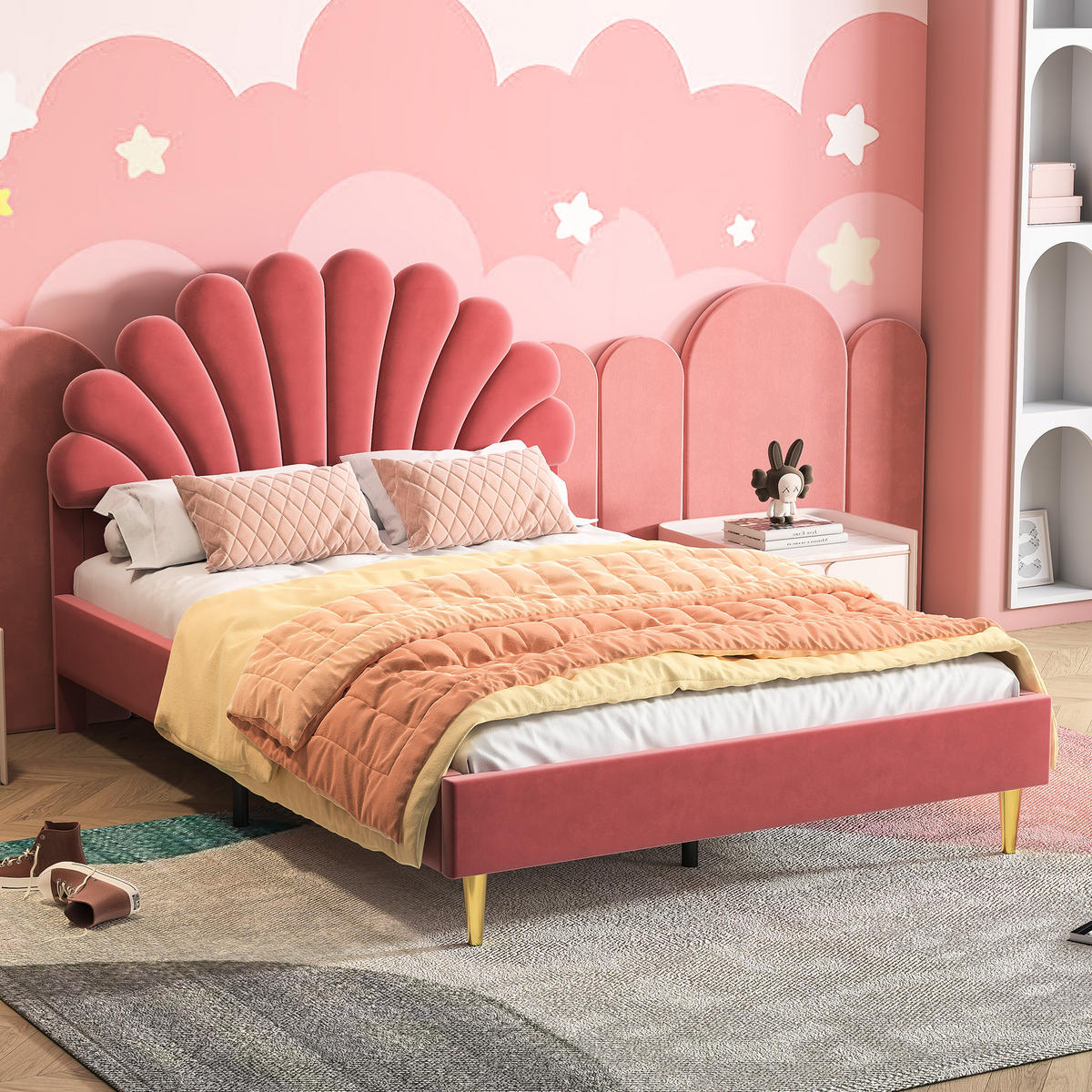 POLSTERBETT 140x200 cm, mit Blumenform-Kopfteil & Lattenrost, Doppelbett, Kinderbett, Samt - Rot, Textil/Metall (140/200cm)