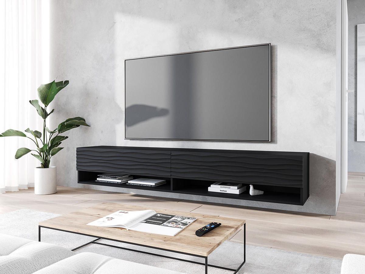 LOWBOARD A schwarz Wellenmuster 180 cm / 32 cm / 30 cm - Schwarz, Holz/Holzwerkstoff (180/30/32cm) - Feldmann-Wohnen