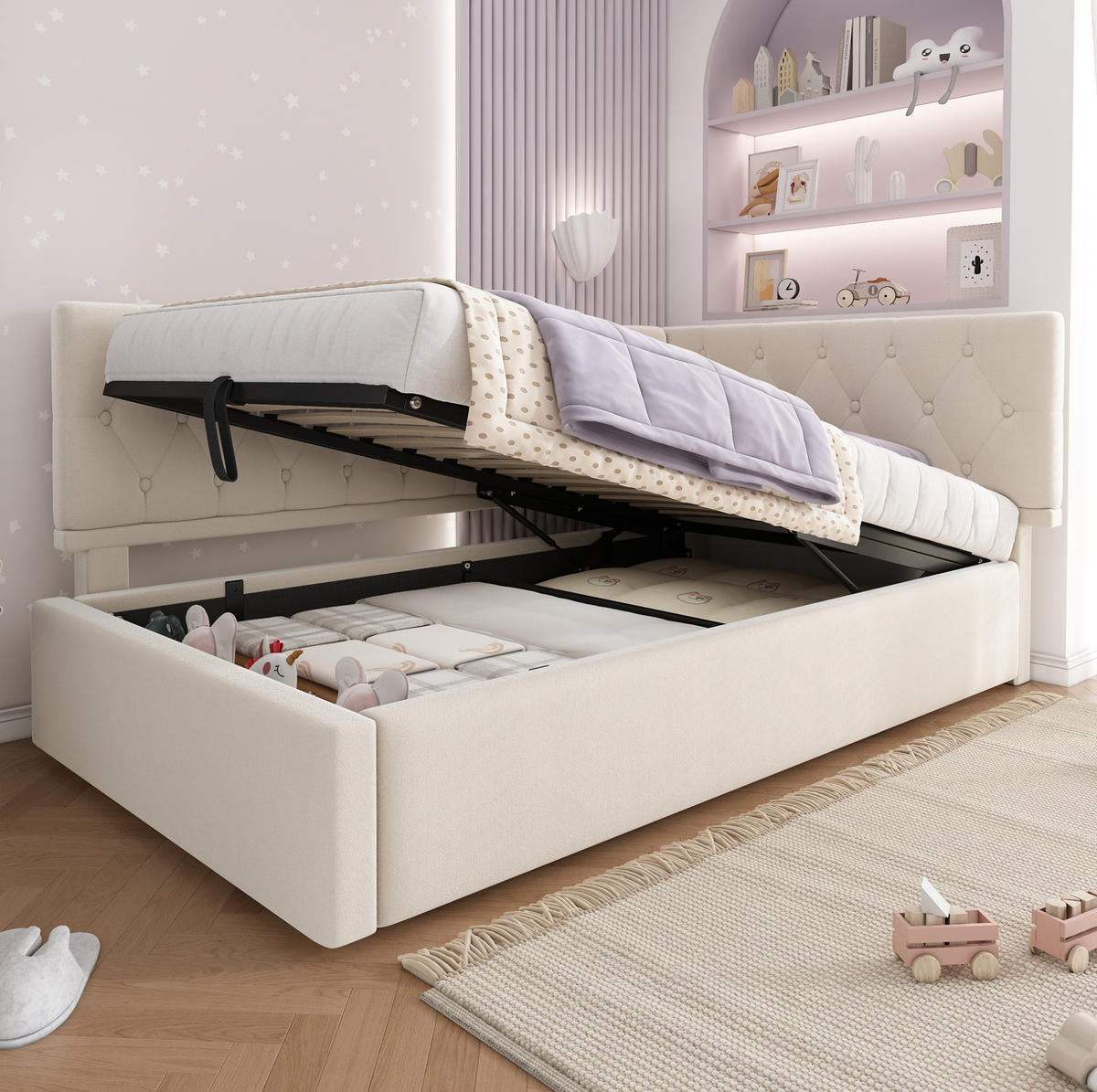 POLSTERBETT 90/190 cm aus Samt in Beige mit Stauraum und Lattenrost - Beige, Textil (90/190cm) - Flora Grace