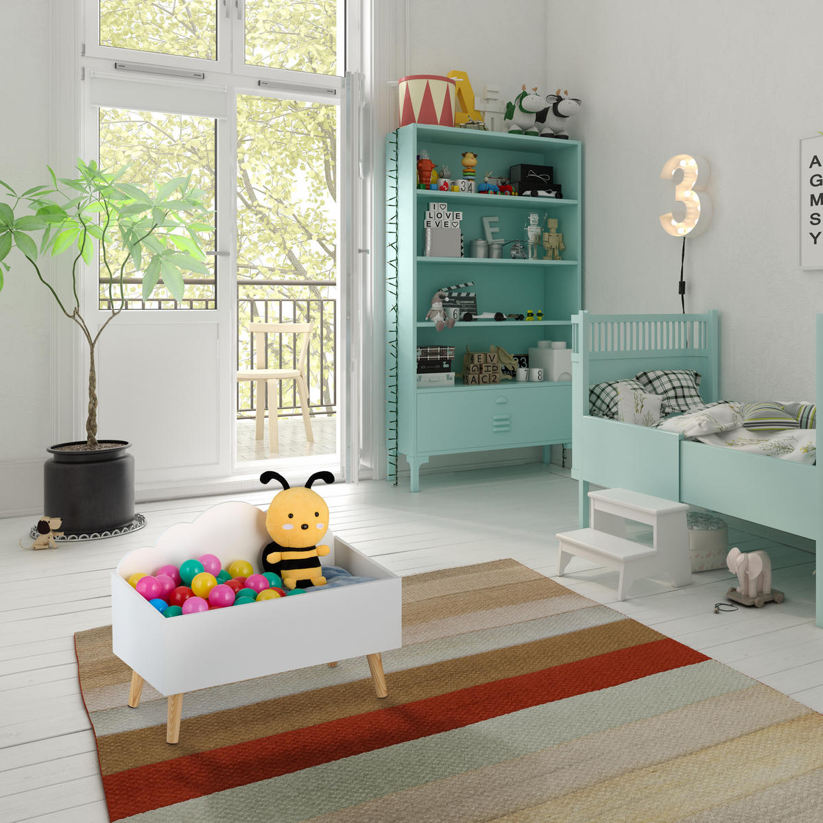 TRUHLA Bílá na hračky motiv mraků MDF - bílá, dřevo/kompozitní dřevo (60/30cm) - Relaxdays
