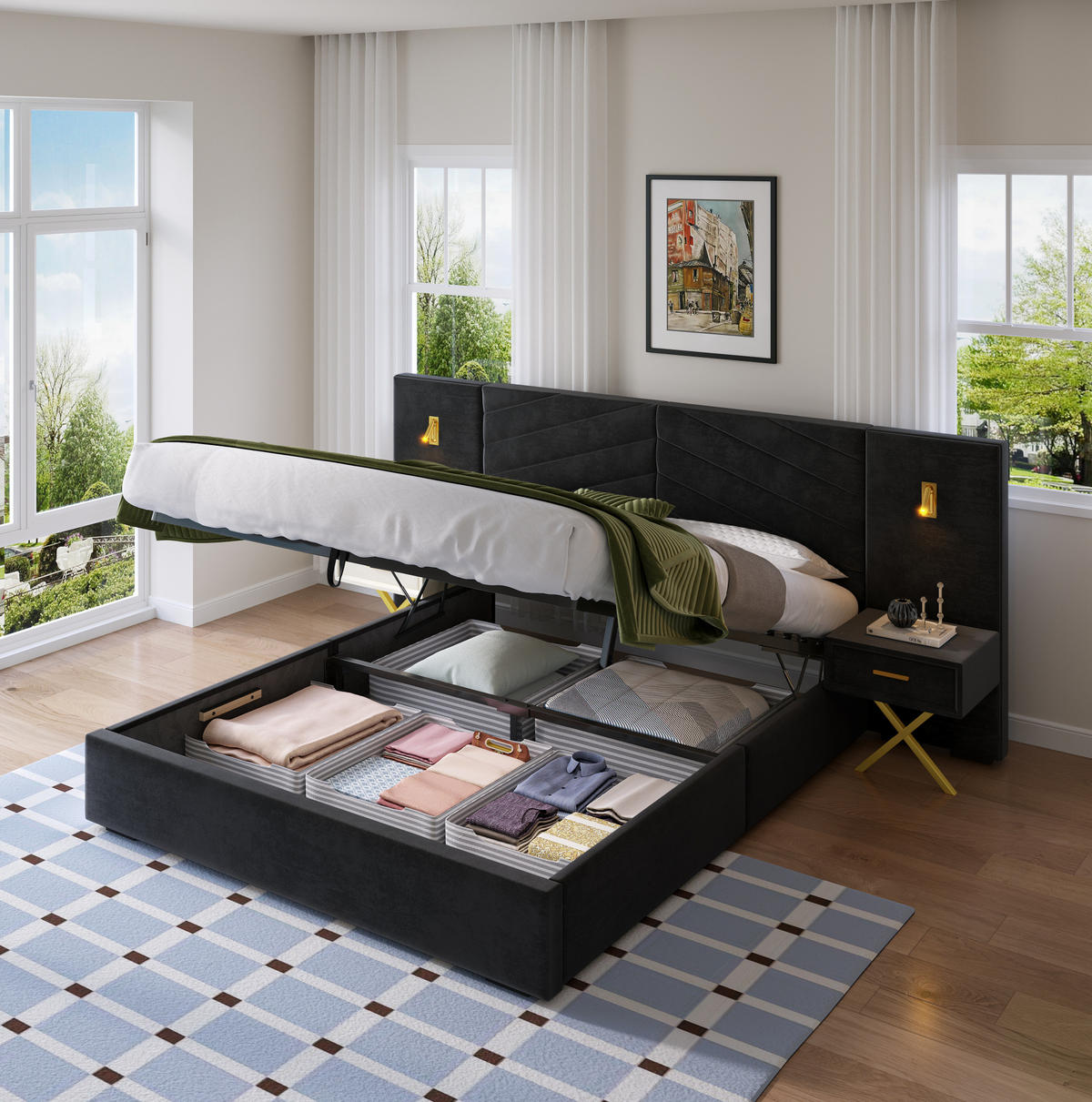 BETT mit Bettkasten 160x200 cm Samt Schwarz mit 2 Nachttischen - Schwarz, Holz (160/200cm) - Meubliv