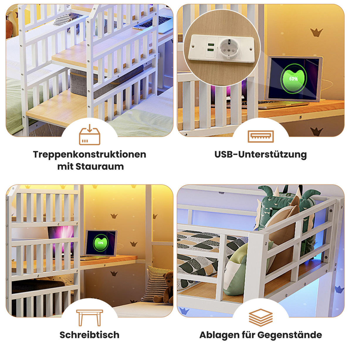 ETAGENBETT 90/200 cm in Weiß mit 3 Schlafplätzen, LED-Beleuchtung und Schreibtisch - Weiß, Metall (90/200cm) - Flora Grace
