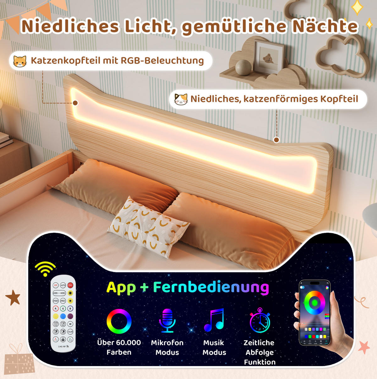 KINDERBETT 90/190 cm, Weiß/Eiche mit RGB-LED-Beleuchtung, Schublade, ohne Matratze - Weiß, Holz (90/190cm) - MIVRAY