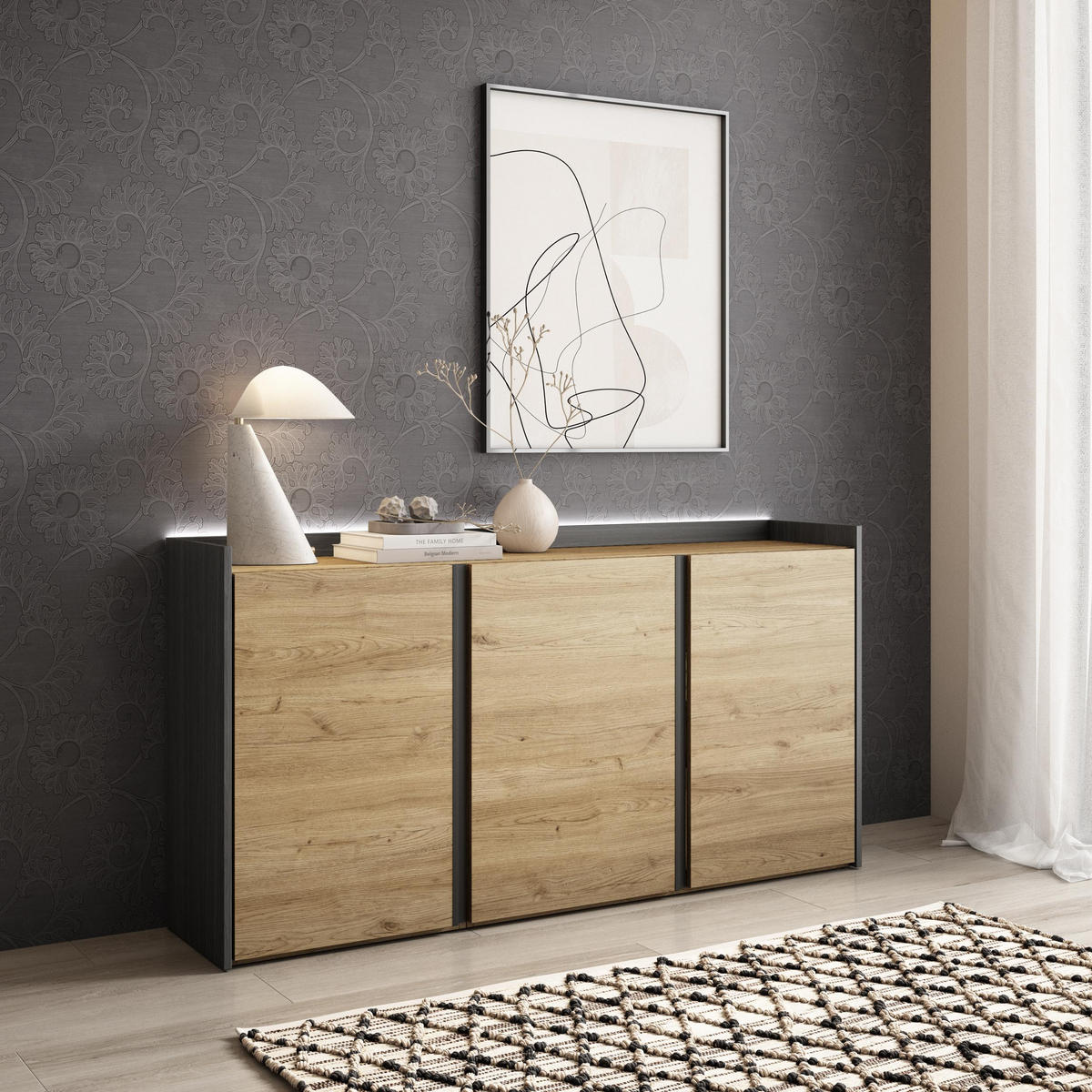 SIDEBOARD, Eiche und Schwarz, 156/35/80cm, mit Led - Eichefarben, Holzwerkstoff (156/80/35cm) - Skraut Home