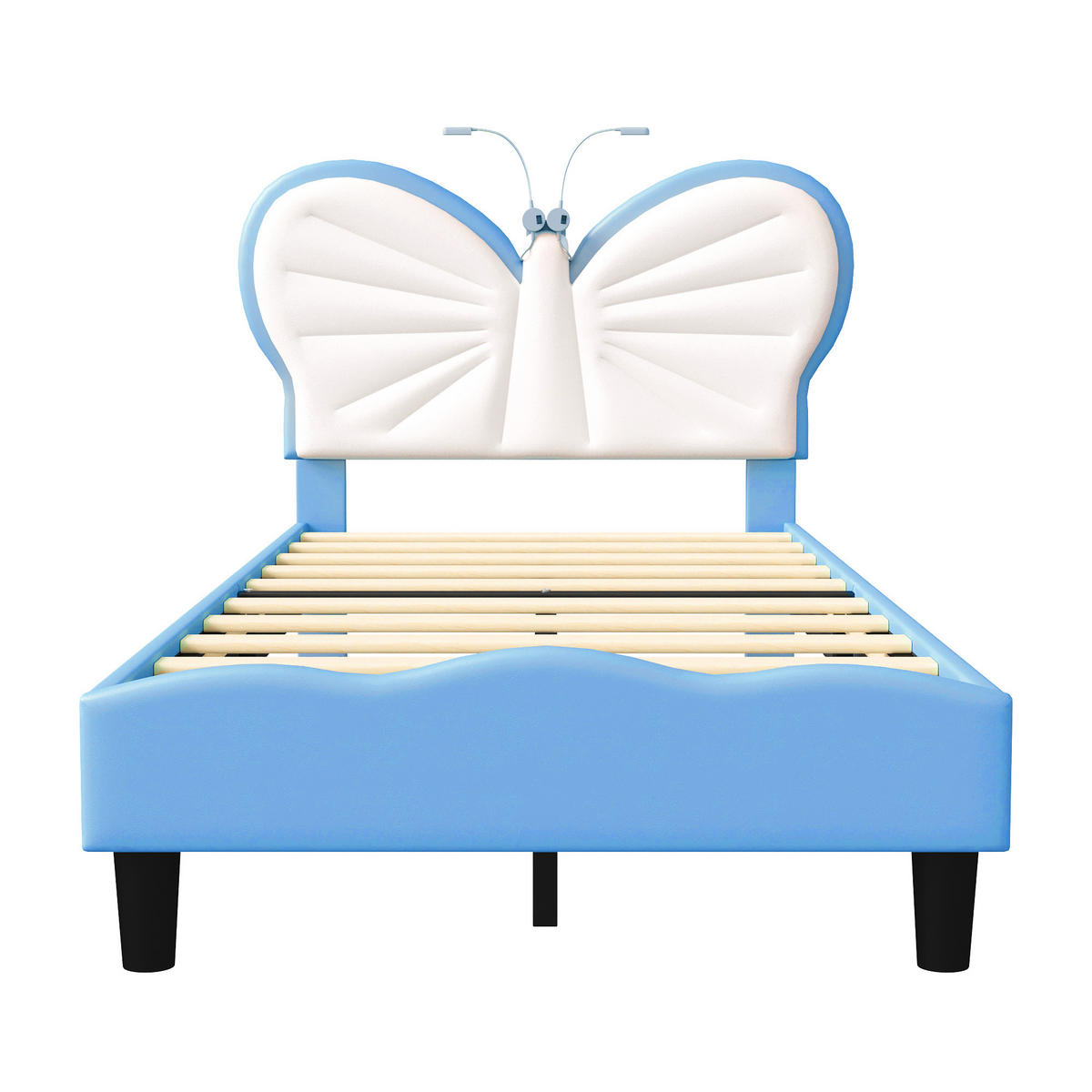KINDERBETT 90 x 200 cm, Kopfteil in Schmetterlingsform, mit integrierter LED-Leselampe & höhenverstellbarem Kopfteil,Samtmaterial,Weiß und blau - Hellblau, Holz/Metall (90/200cm) - BursDany