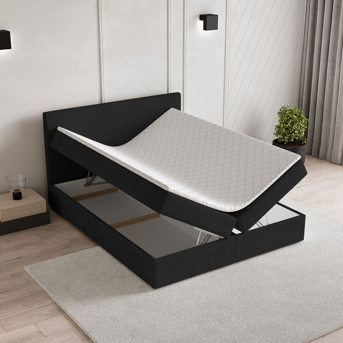 BOXBETT NIRA 140x200 cm mit Matratze und Topper - Schwarz - Schwarz, Holz (140/200cm) - MASSENO